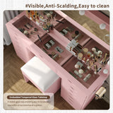 Yanosaku 15 Drawers Vanity Desk with Power Outlet, Makeup Table with Mirror and 13 LED Lights, 3 Color Lighting Modes, Brightness Adjustable, Glass Top Dressing Table, Vanity Set for Bedroom