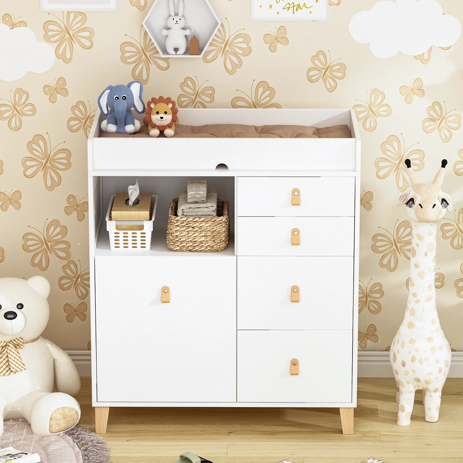 OXYLIFE 45" Baby Nursery Changing Table Dresser with 4 Drawers and Shelf for Nursery Room, White