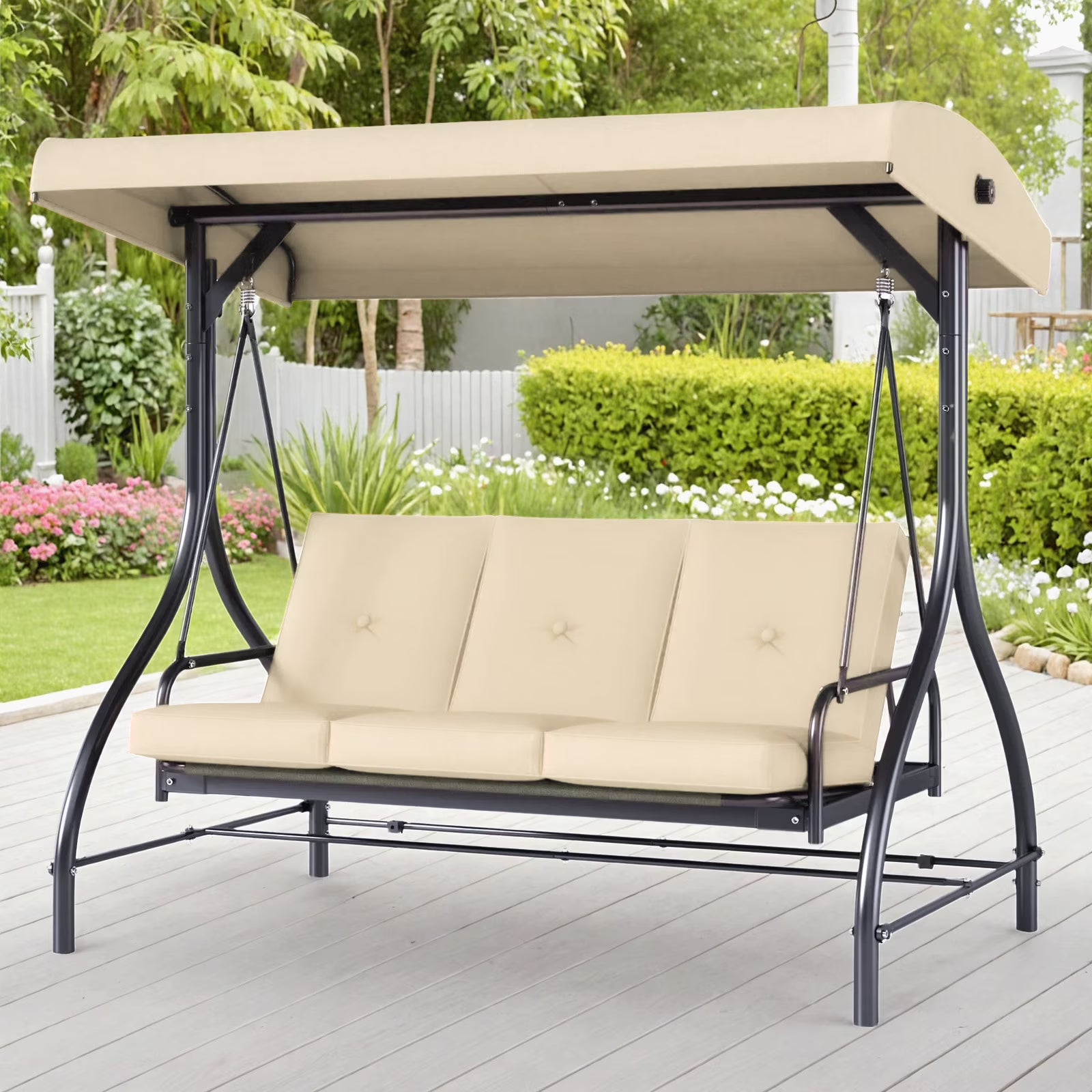 3 Person Porch Swing Outdoor Converting Canopy Swing Glider with Canopy
