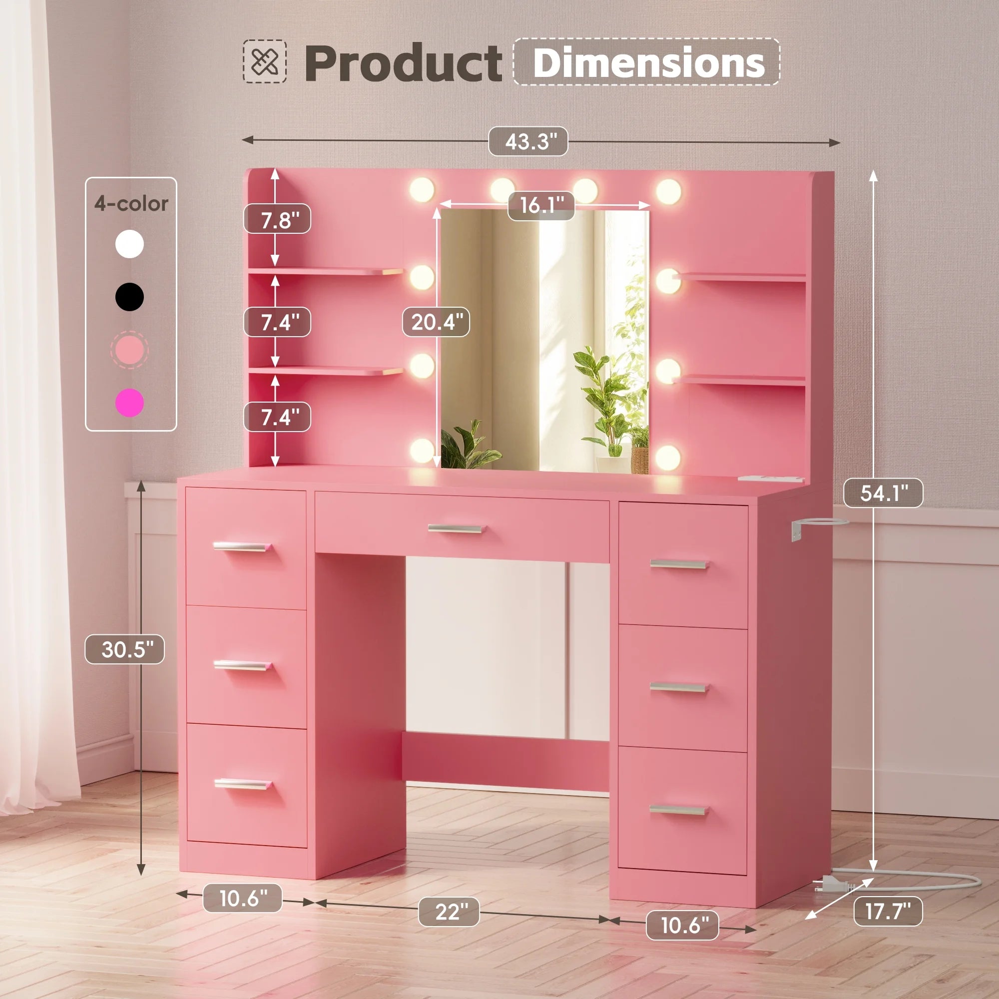 Lacoo Vanity Desk with Mirror and LED Lights, Makeup Vanity with 7 Drawers & 4 Shelves, Vanity Table with Power Outlet for Bedroom Dressing Room, White