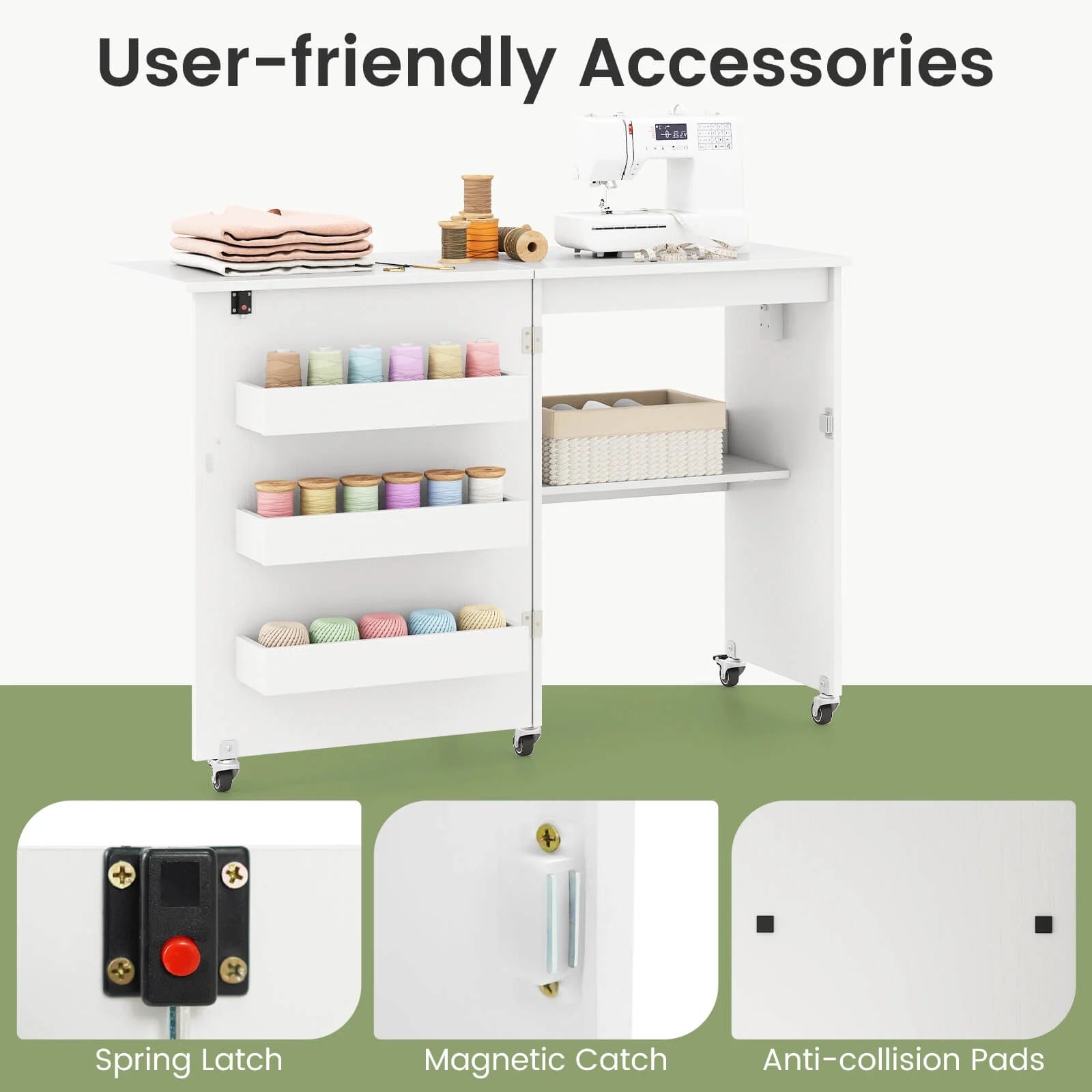 Costway Folding Sewing Table Rolling Craft Station with 3 Storage Bins & Charging Station White+natural