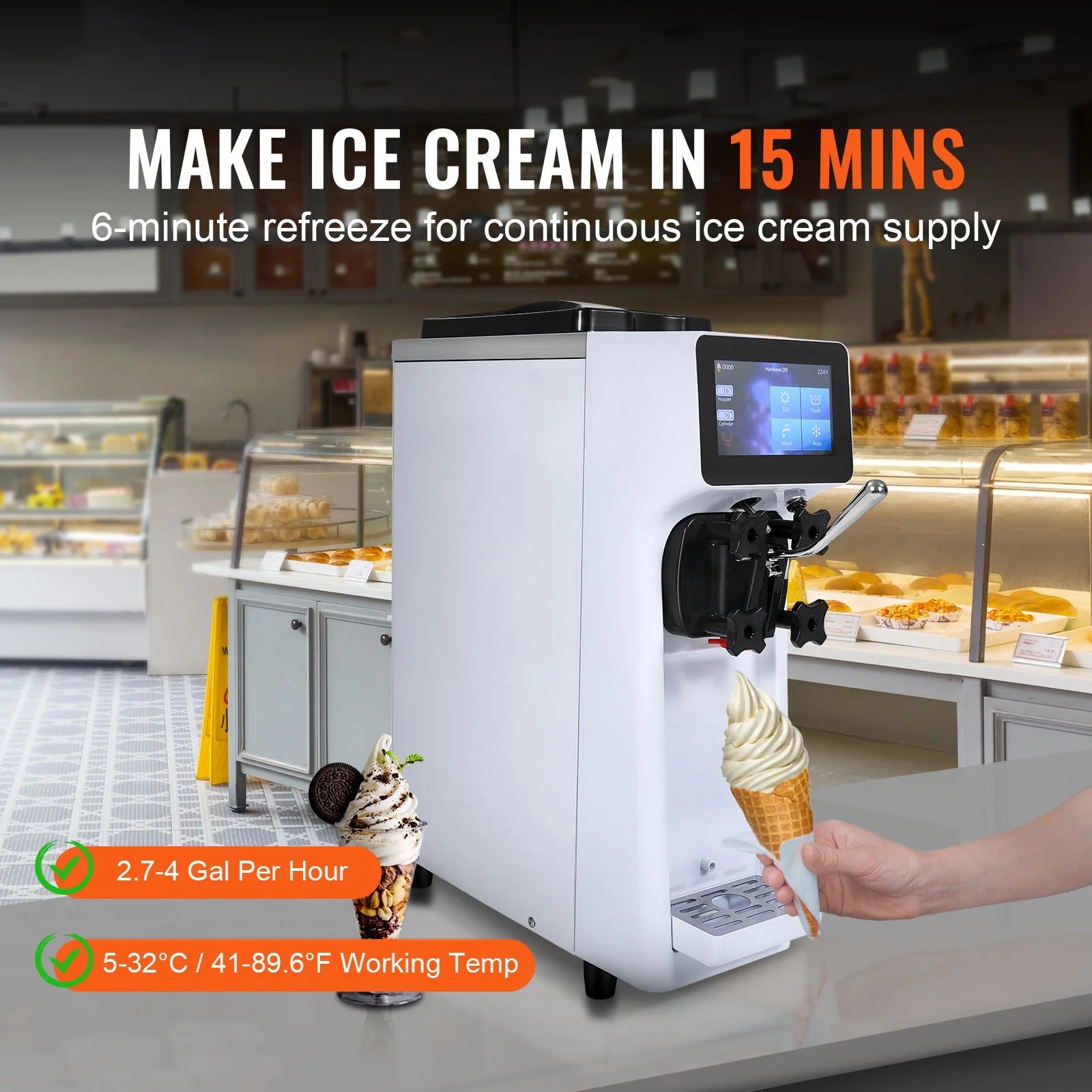 KFFKFF Commercial Ice Cream Machine 2.7-4gal/10-15L/H 4L Hopper Single Flavor Countertop Soft Serve Ice Cream Maker Auto Clean Pre-Cooling
