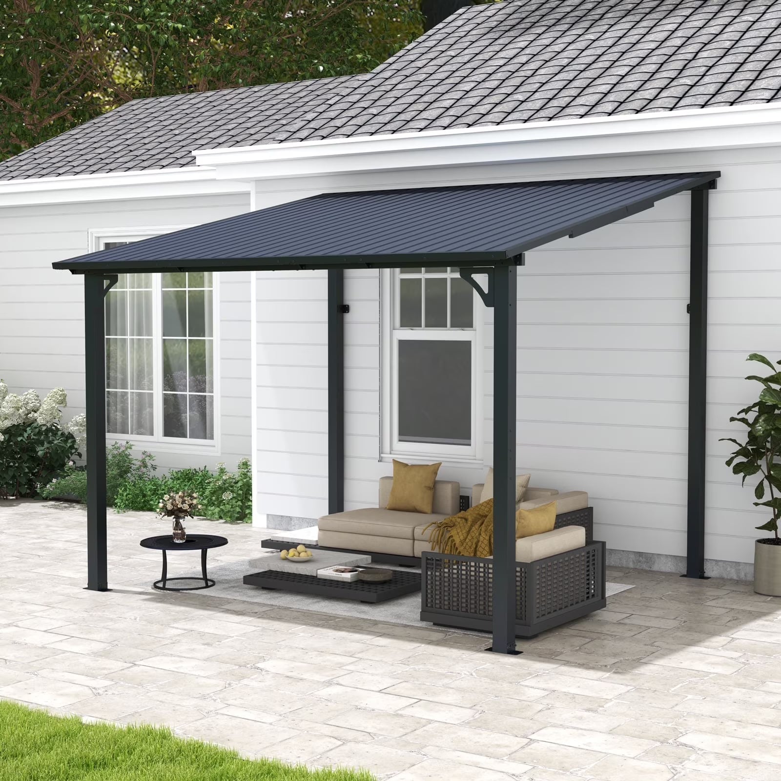 8' x 10' Outdoor Pergola Gazebo, Lean to Awnings Gazebos, Heavy Duty Hard Top Metal Pergola with Roof, for Patio, Backyard, Decks, Poolside