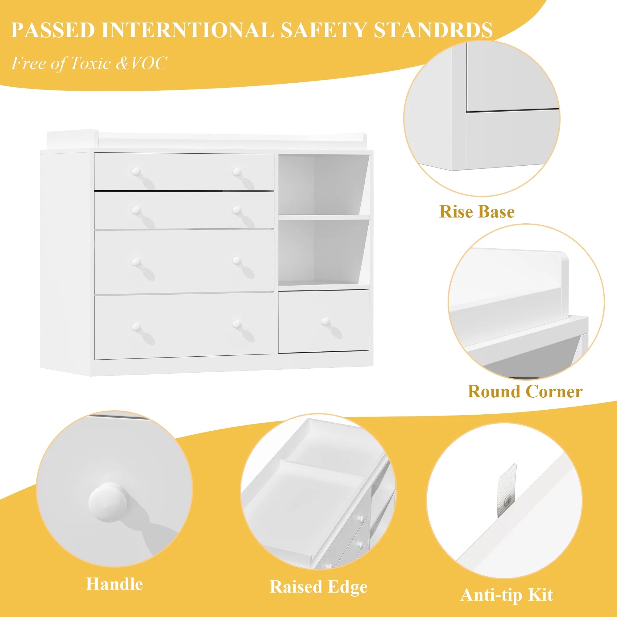 OXYLIFE 45" Baby Nursery Changing Table Dresser with 4 Drawers and Shelf for Nursery Room, White