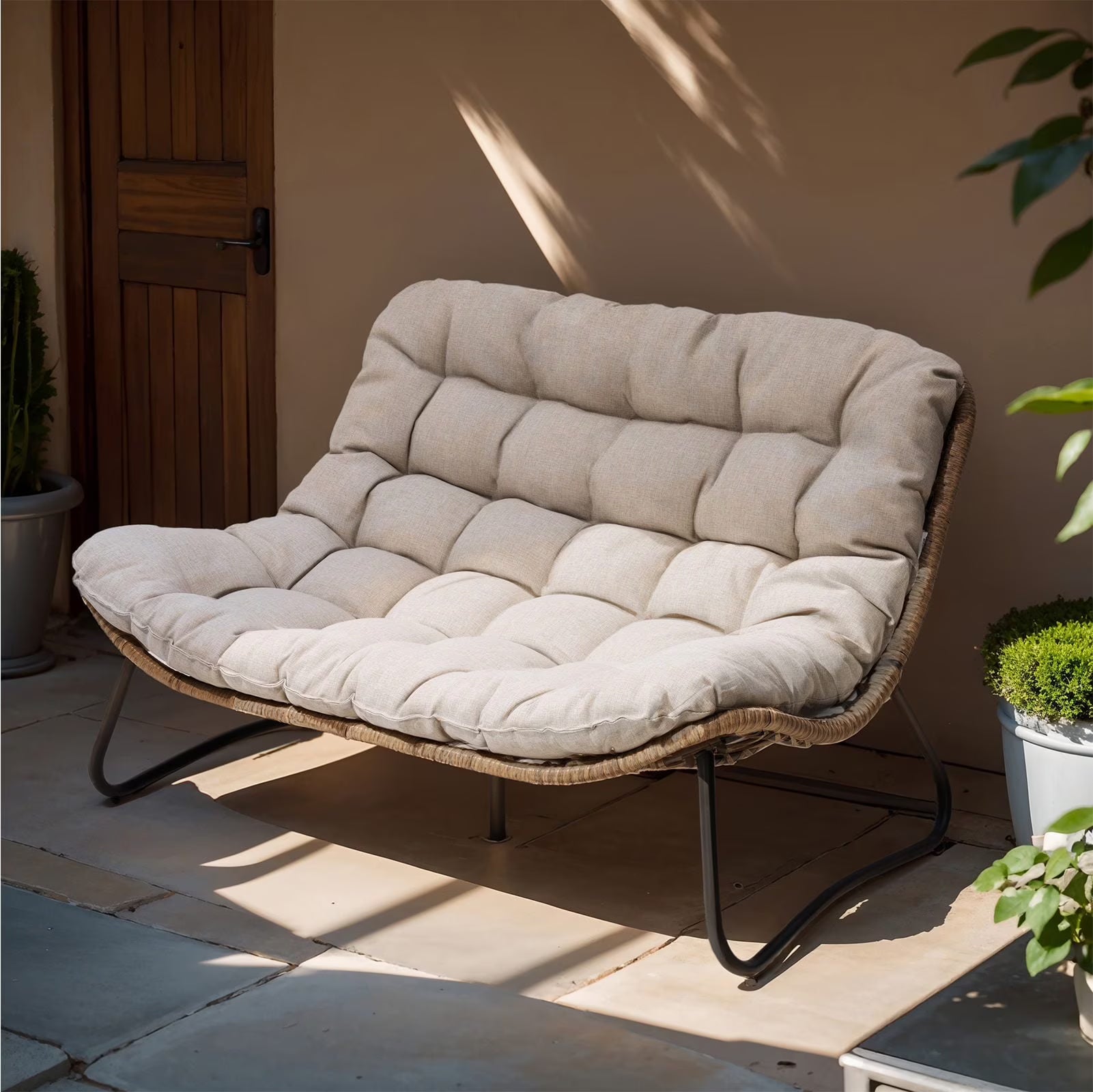 Patio Loveseat, All-Weather Rattan Large Furniture with Soft Cushions, Outdoor Loveseat for Balcony, Poolside, Backyard (Beige)