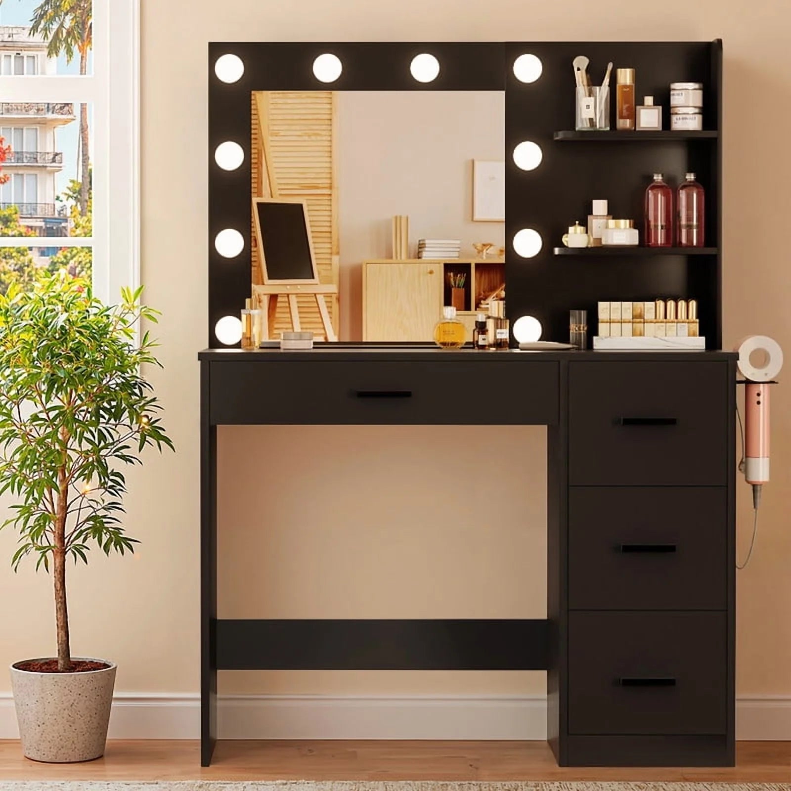 Lacoo Vanity Desk with Mirror and LED Lights, Makeup Vanity with 7 Drawers & 4 Shelves, Vanity Table with Power Outlet for Bedroom Dressing Room, White