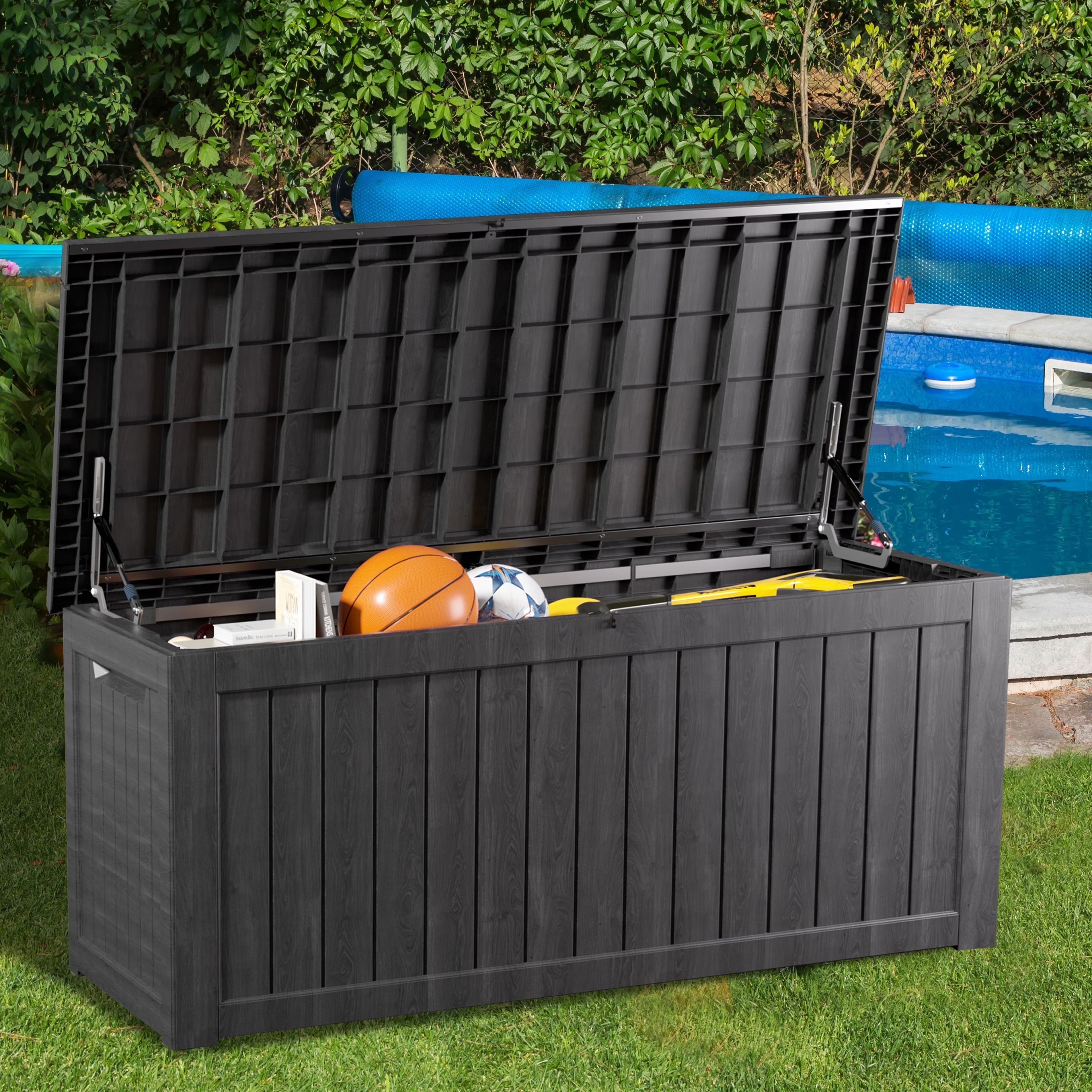 230 Gallon Double-Wall Resin Deck Box - Lockable Waterproof Outdoor Storage Box, 1000lbs Capacity & Doubles as Seating for Patio Furniture - Garden Tools, Pool Accessories (Black)