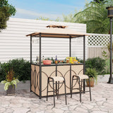 Costway 3 PCS Patio Bar Set with Tempered Glass Bar Table Metal Storage Shelves for Garden Grey