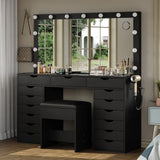 Yanosaku 15 Drawers Vanity Desk with Power Outlet, Makeup Table with Mirror and 13 LED Lights, 3 Color Lighting Modes, Brightness Adjustable, Glass Top Dressing Table, Vanity Set for Bedroom