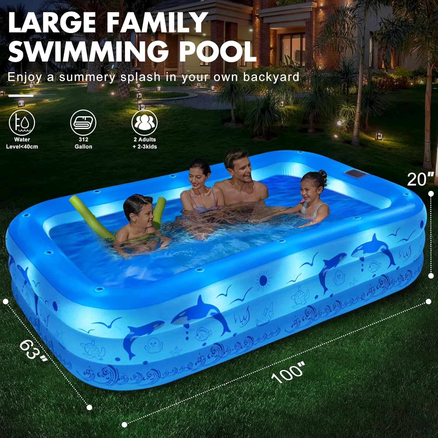 2025 Upgrade Inflatable Pool with Lights, Powered Family Swimming Pool for Kids & Adults, Thickened Backyard Pool - Blue
