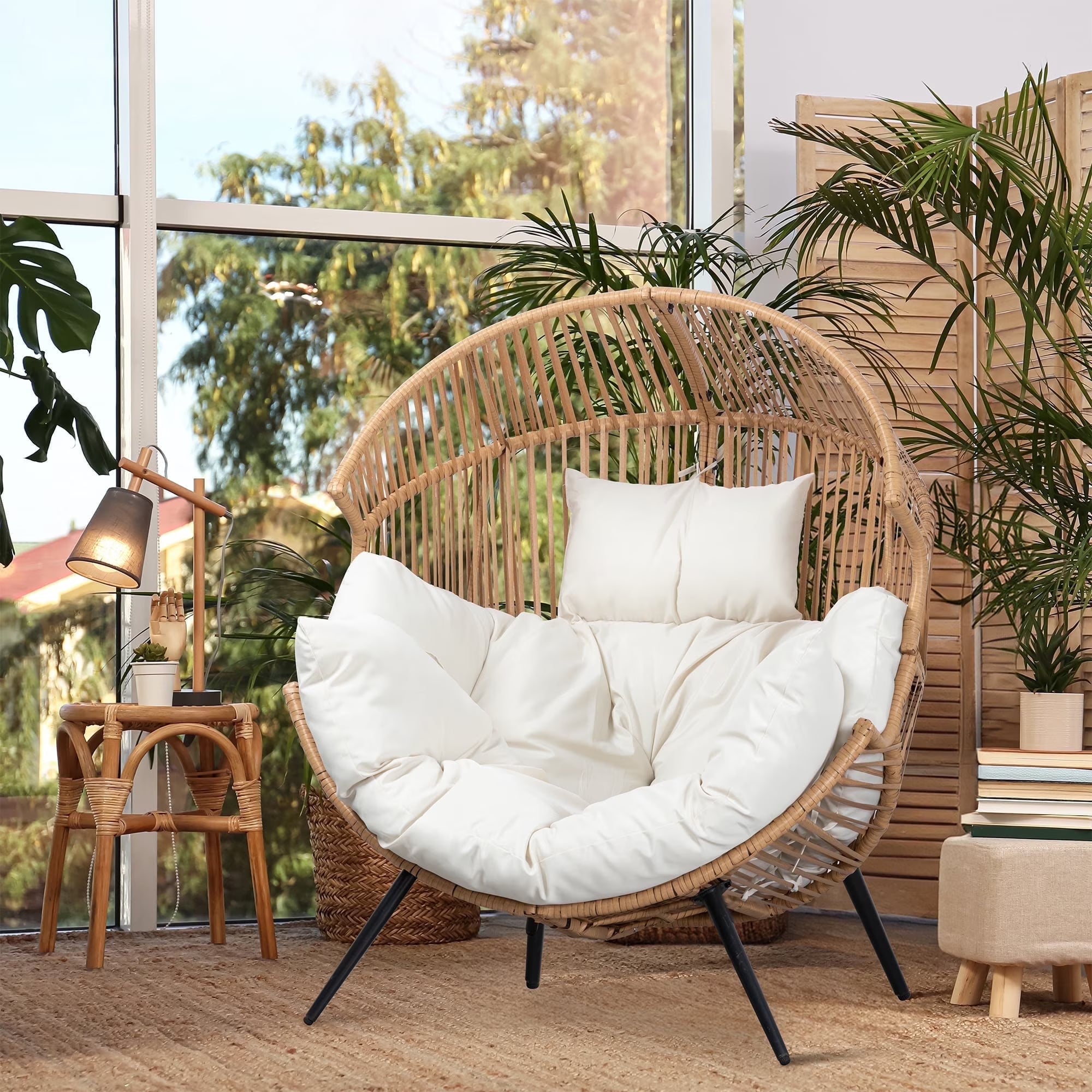 Egg Chairs Outdoor Patio Wicker Oversized Egg Shell Lounger Lawn Chair with Cushion for Indoor Outside Porch Balcony Backyard, Original Wood Color Rattan Beige Cushion