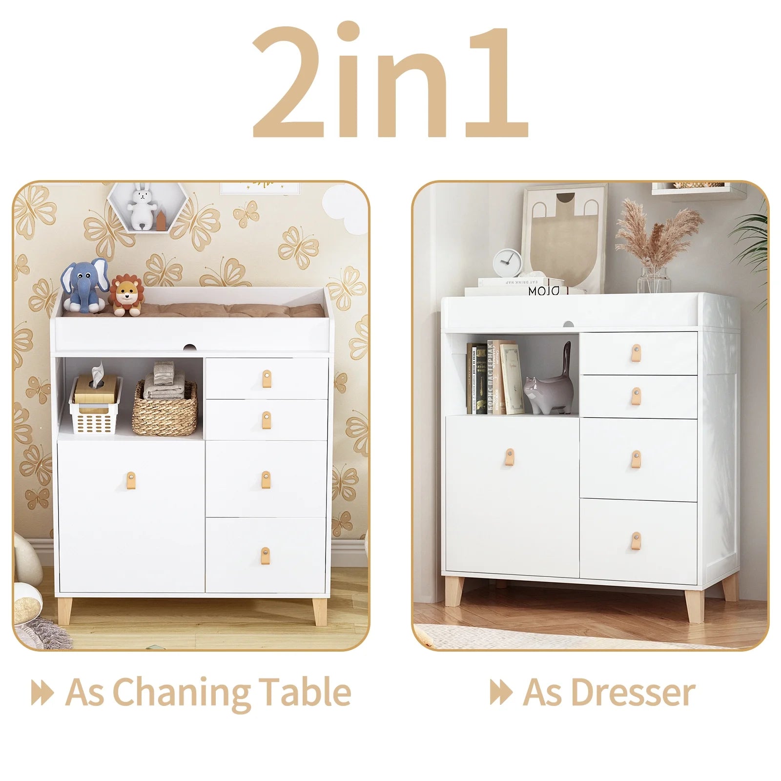 OXYLIFE 45" Baby Nursery Changing Table Dresser with 4 Drawers and Shelf for Nursery Room, White