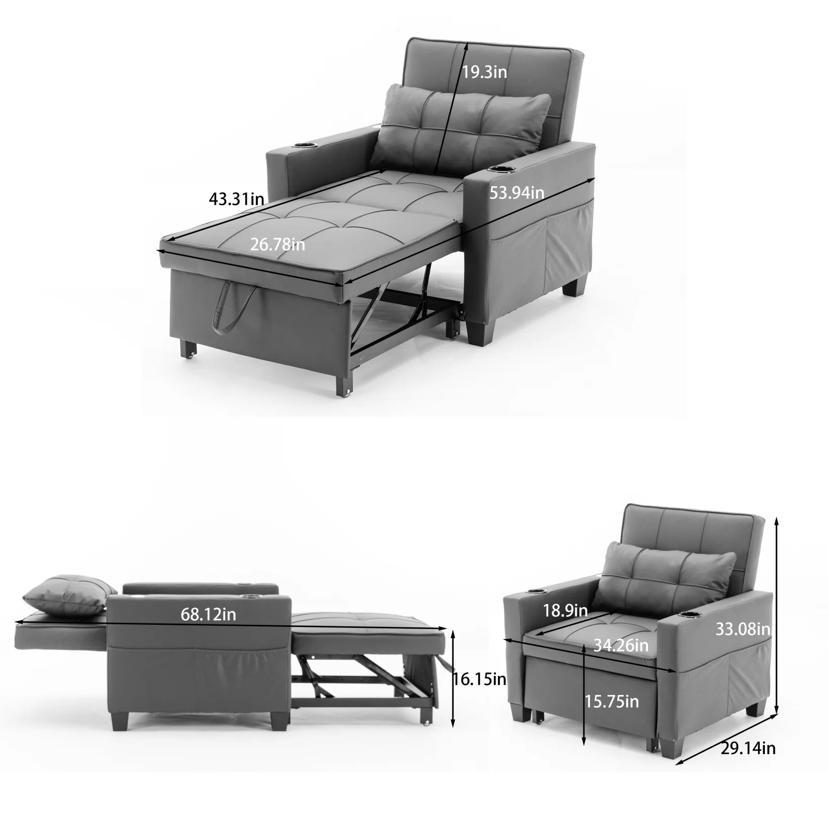 Convertible Futon Sofa Bed, 3-in-1 Multi-Functional Sleeper Chair Bed with USB Ports, Adjustable Backrest Recliner,for Living Room Bedroom Small Space, Tech Cloth, Dark Grey