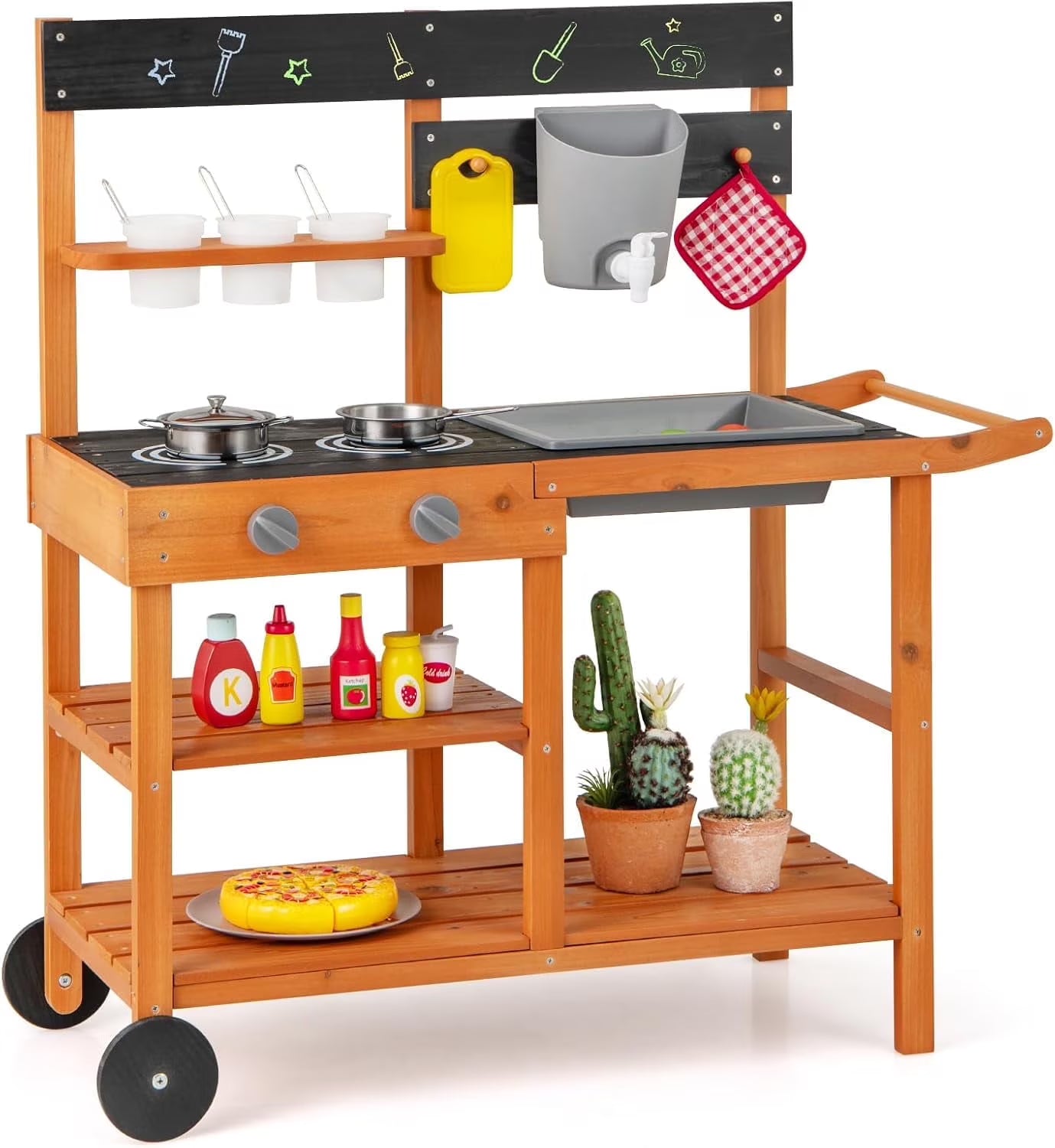 Mud Kitchen, Outdoor Play Kitchen with Wheels 3 Cups Removable Sink Cooking Accessories Wooden Kids Kitchen Playset Backyard Garden Toys Gift for Boys Girls Ages 3+