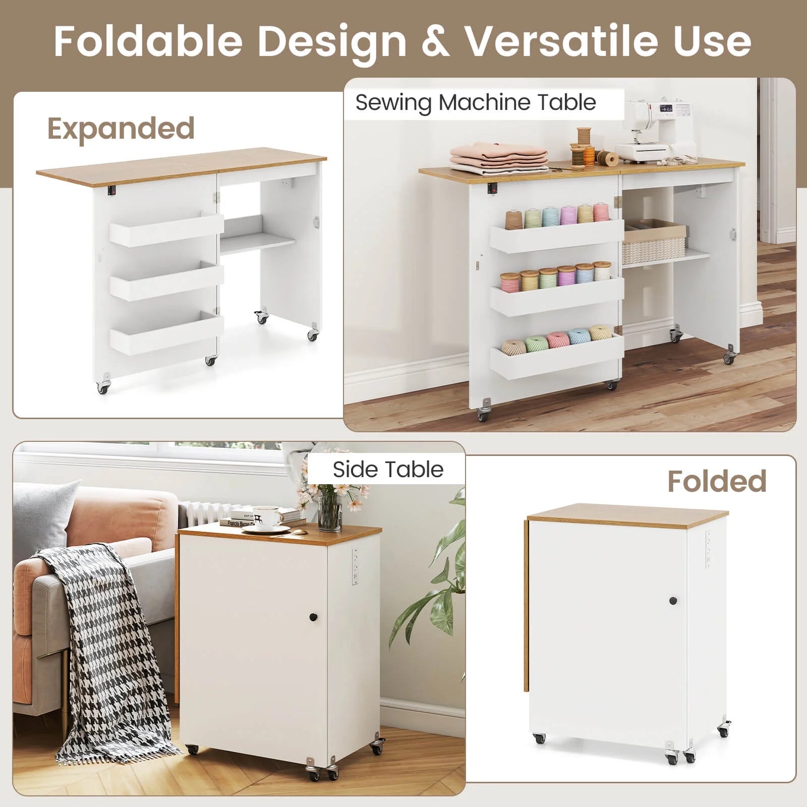 Costway Folding Sewing Table Rolling Craft Station with 3 Storage Bins & Charging Station White+natural