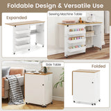 Costway Folding Sewing Table Rolling Craft Station with 3 Storage Bins & Charging Station White+natural