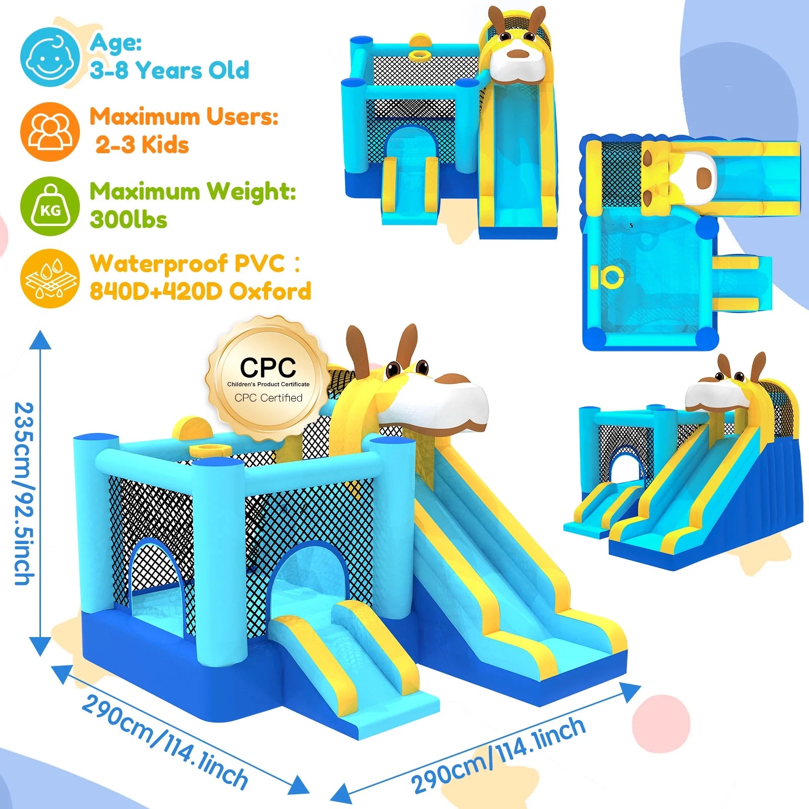 Mukidy 114''x 114'' x 92.5'' Inflatable Bounce Houses for Kids 3-10 with Blower Double Slide and Ball Pit/Indoor Bouncy House, PVC, Child, Teen, Toddler��Blue