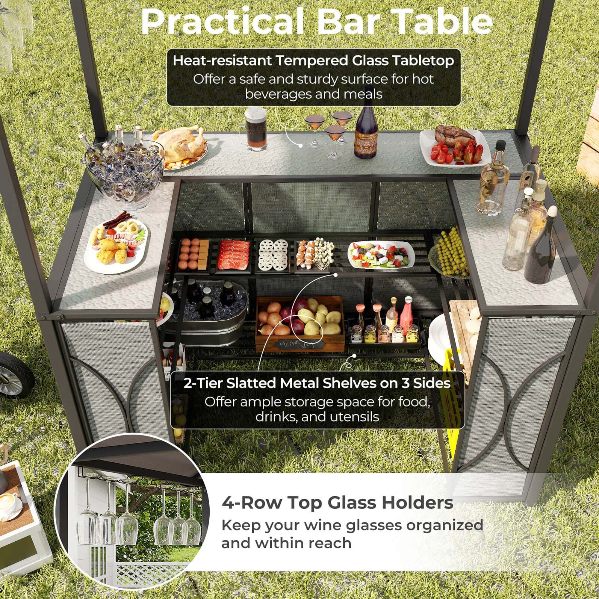 Costway 3 PCS Patio Bar Set with Tempered Glass Bar Table Metal Storage Shelves for Garden Grey
