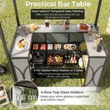 Costway 3 PCS Patio Bar Set with Tempered Glass Bar Table Metal Storage Shelves for Garden Grey