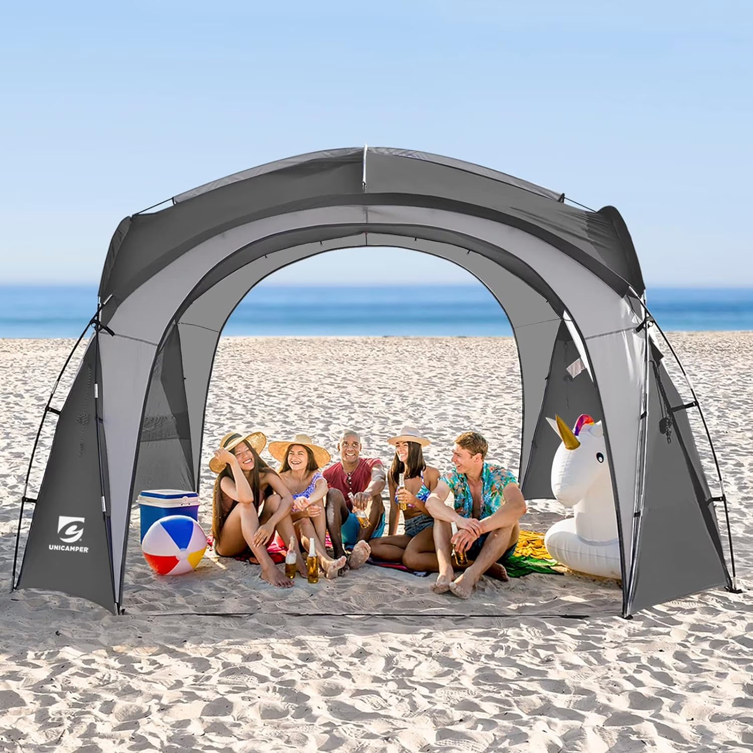 Easy Beach Tent 12 X 12ft Pop Up Canopy UPF50+ Tent with Side Wall, Ground Pegs, and Stability Poles, Sun Shelter Rainproof, Waterproof for Camping Trips, Backyard Fun, Party Or Picnics (Gray)