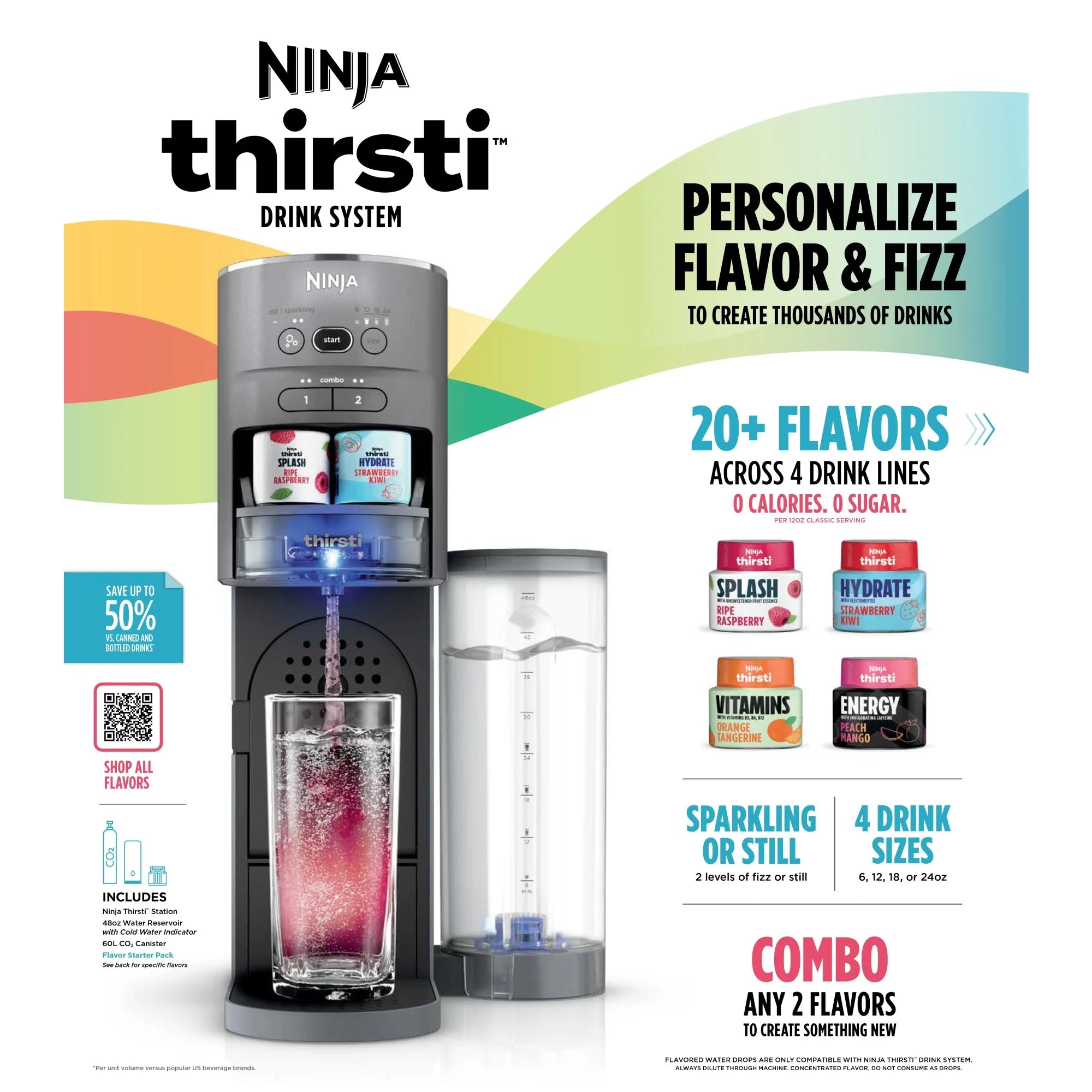 Ninja Thirsti Drink Maker, Still, Sparkling Custom Drink Kit, with CO2 Canister, Flavors, and 48 oz Reservoir