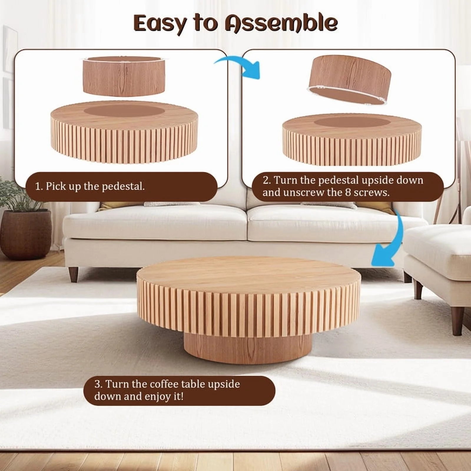 FFH 43.7 inch Oval Coffee Table for Living Room,Handcraft Rustic Corner Coffee Table Nature Wood Relief Sturdy Pedestal for Apartmen,Side Table Centre Table,Nature Wood