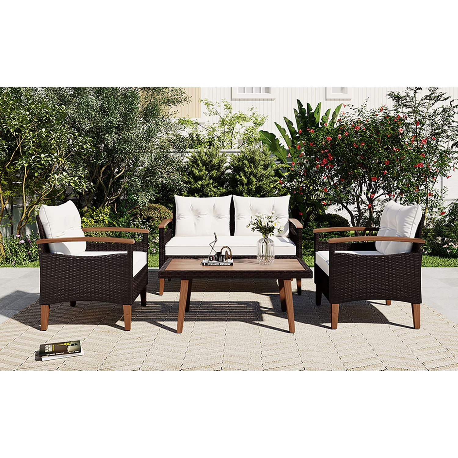 Patio Seating Set with Cushions, 4-Piece Garden Furniture, Beige