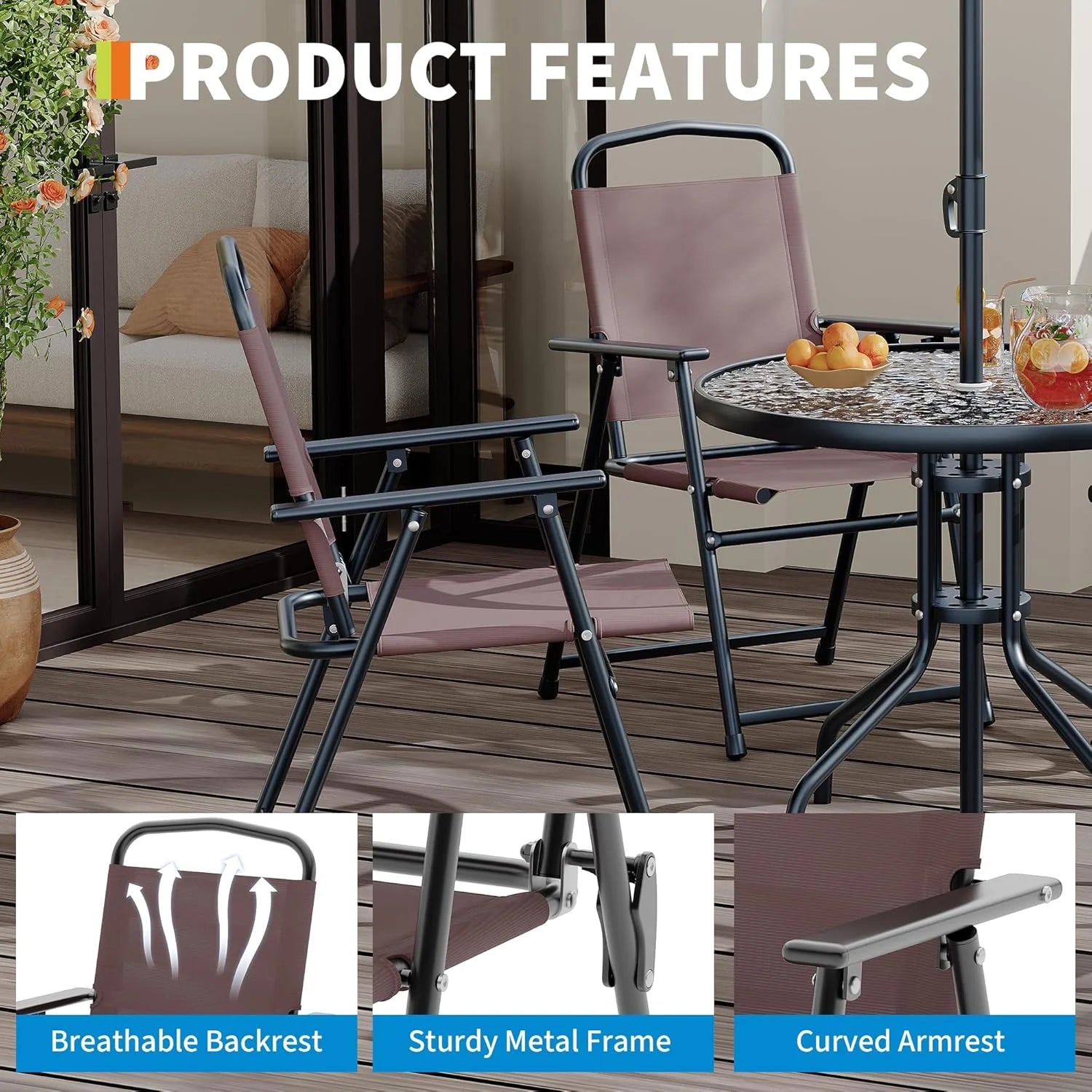 6 Pieces Outdoor Dining Set With Umbrella, Patio Table and 4 Folding Chairs With Umbrella, Garden Patio Furniture Set With Umbrellas, Tempered Glass Top Dining Table