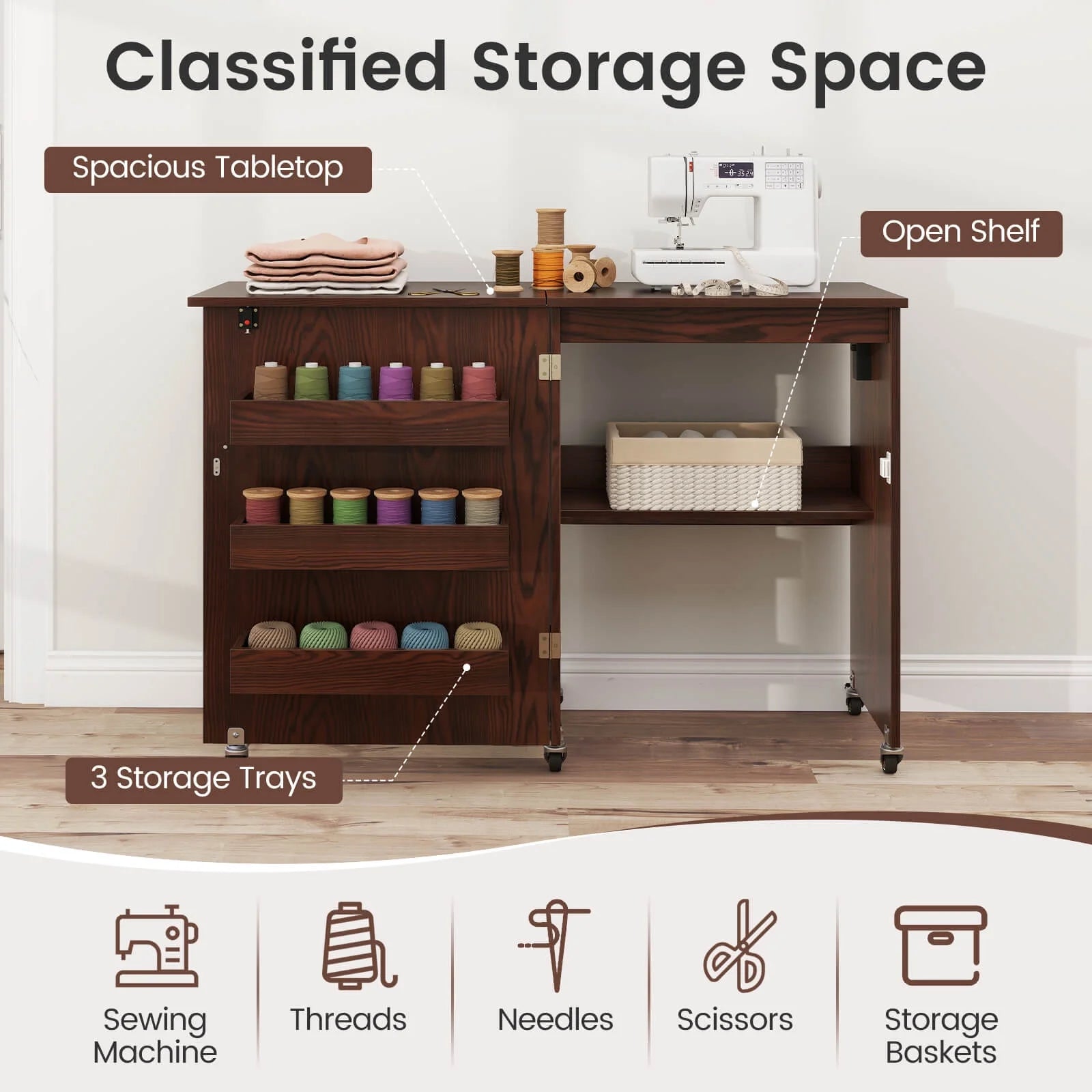 Costway Folding Sewing Table Rolling Craft Station with 3 Storage Bins & Charging Station White+natural