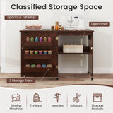 Costway Folding Sewing Table Rolling Craft Station with 3 Storage Bins & Charging Station White+natural