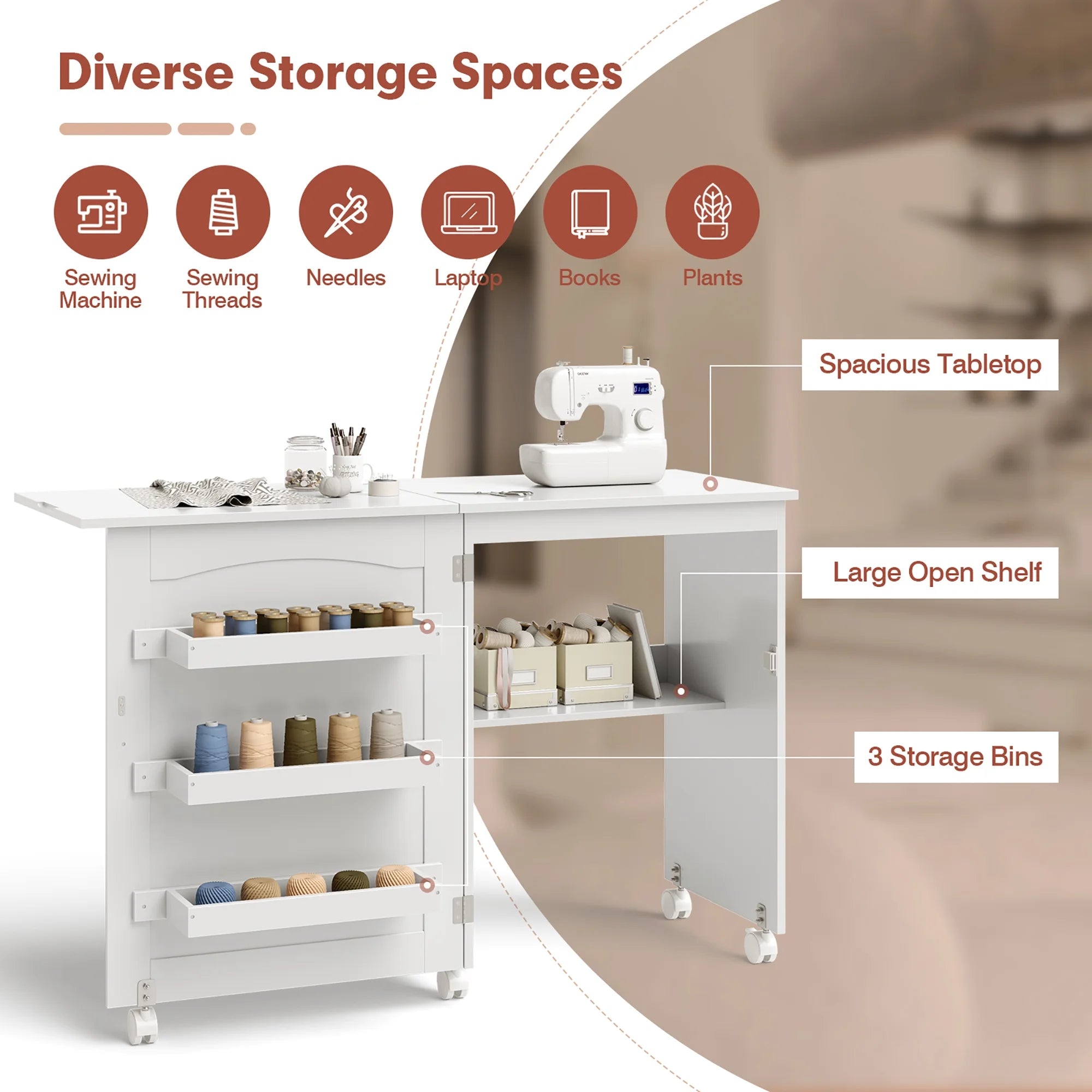 Costway Folding Sewing Table Rolling Craft Station with 3 Storage Bins & Charging Station White+natural