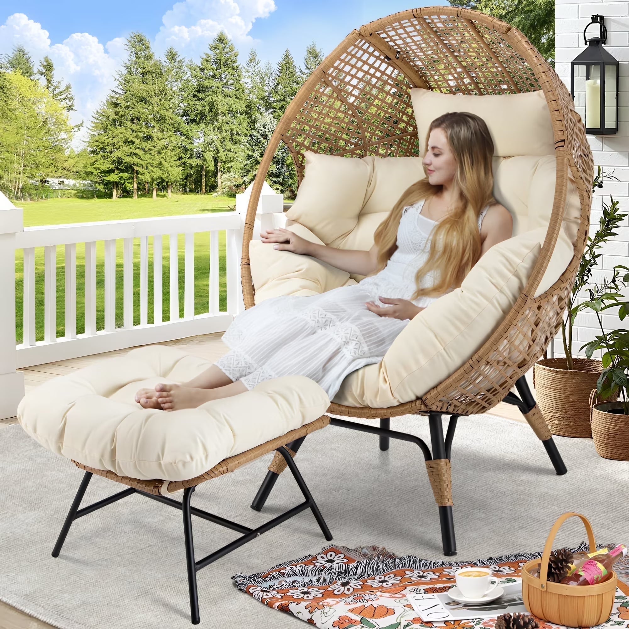 440 lbs Outdoor Egg Chair with Foot Rest & Ottoman, Wicker Patio Egg Chair for Indoor or Garden,Beige