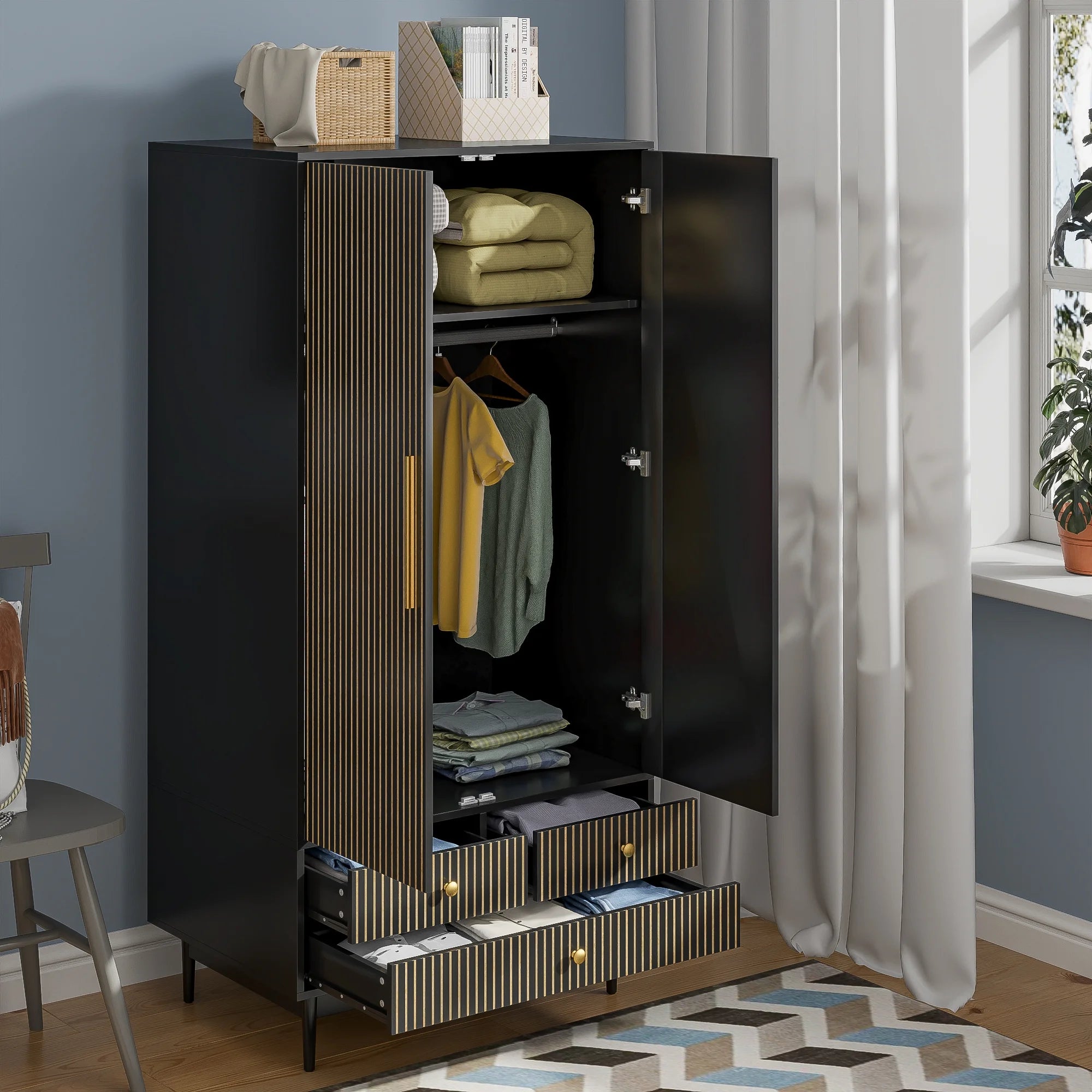 Armoire Wardrobe Closet, Closet Wardrobe Cabinet with Drawers and Hanging Rail for Bedroom, White