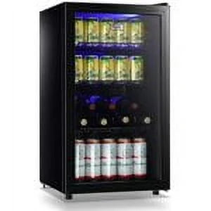WANAI Compact Beverage Refrigerator, 100 Can Capacity, Glass Door, Black Stainless Steel