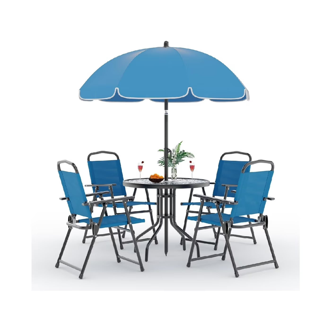 6 Pieces Outdoor Dining Set With Umbrella, Patio Table and 4 Folding Chairs With Umbrella, Garden Patio Furniture Set With Umbrellas, Tempered Glass Top Dining Table