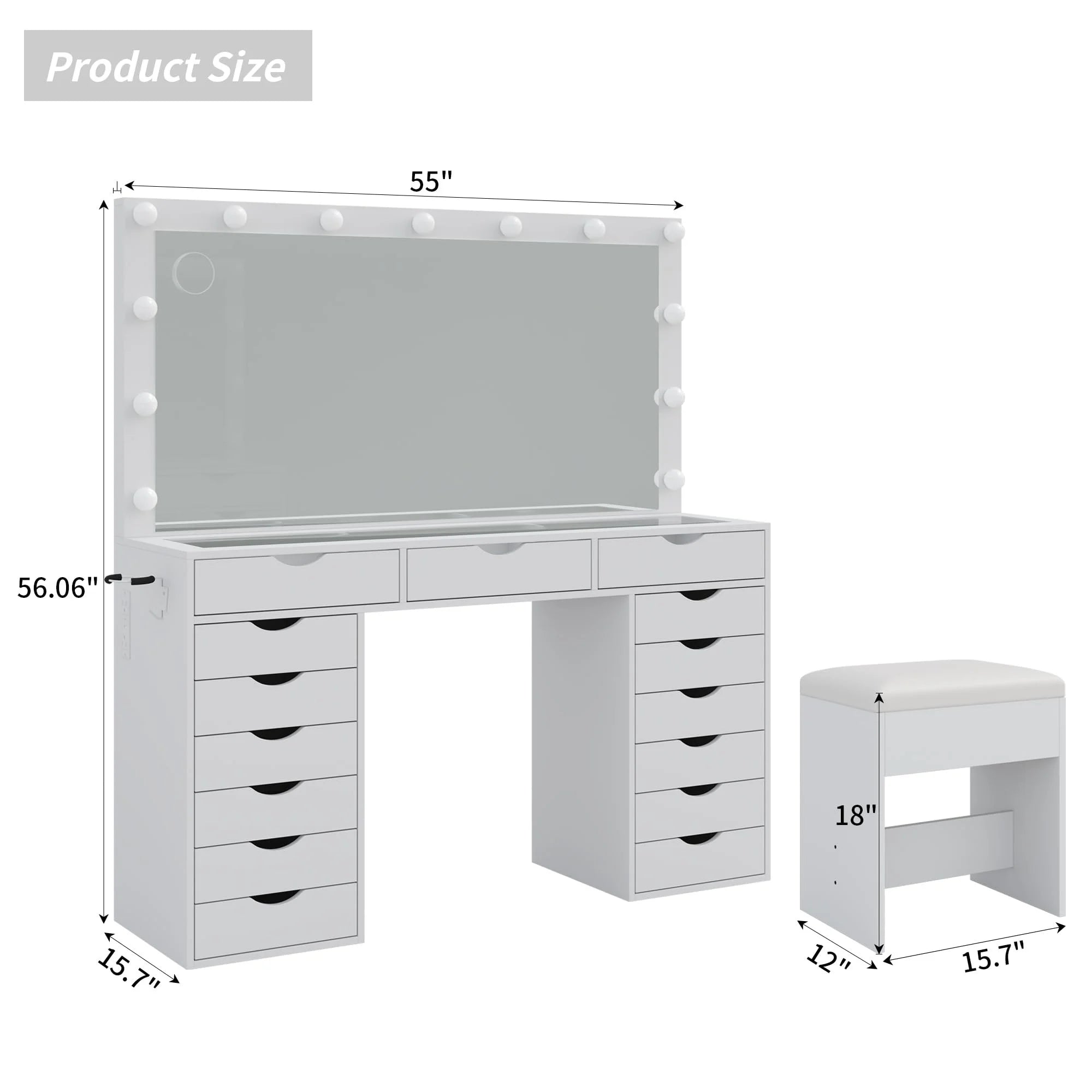 Yanosaku 15 Drawers Vanity Desk with Power Outlet, Makeup Table with Mirror and 13 LED Lights, 3 Color Lighting Modes, Brightness Adjustable, Glass Top Dressing Table, Vanity Set for Bedroom