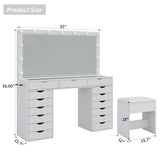 Yanosaku 15 Drawers Vanity Desk with Power Outlet, Makeup Table with Mirror and 13 LED Lights, 3 Color Lighting Modes, Brightness Adjustable, Glass Top Dressing Table, Vanity Set for Bedroom
