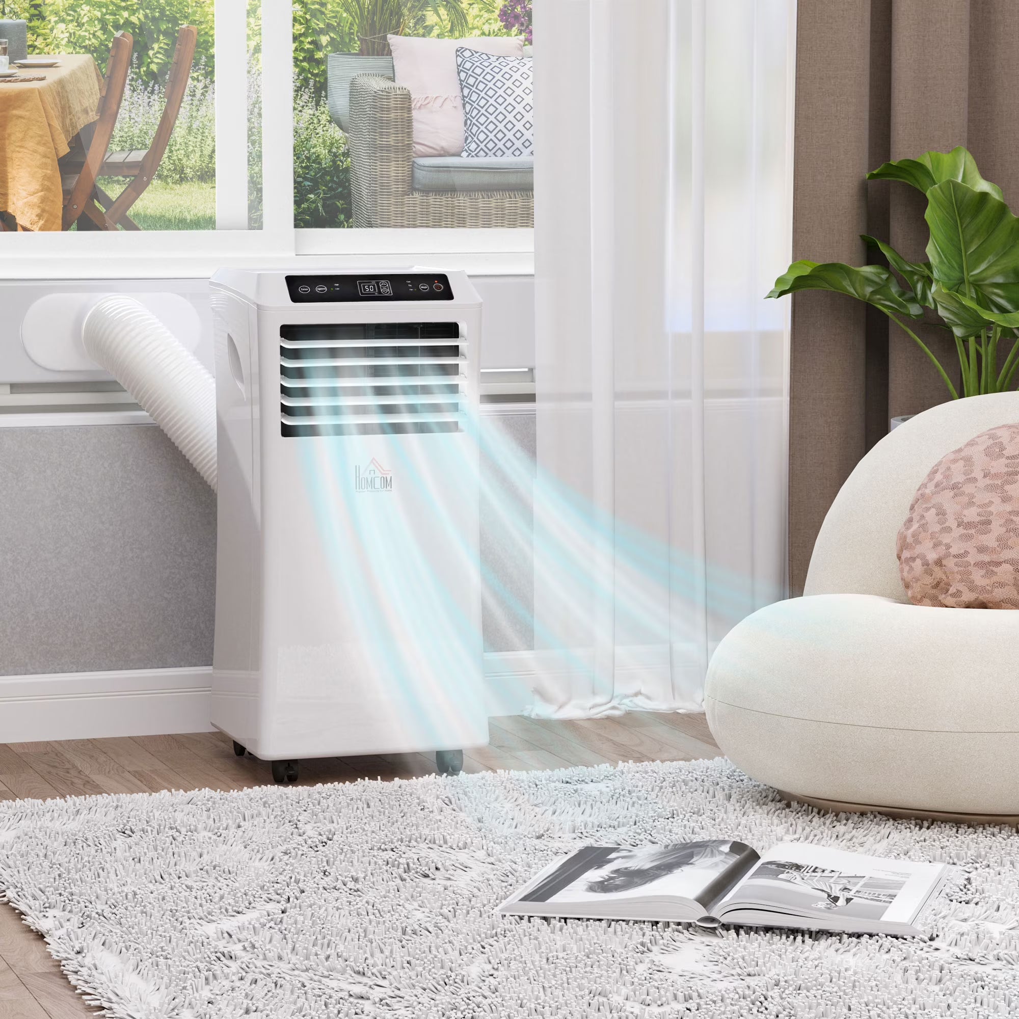 8000 BTU Mobile Portable Air Conditioner with Cooling, Dehumidifier, and Ventilating with Remote Control, 2 Speed Fans, 24-Hour Timer for Bedroom, Living Room, Home Office, White