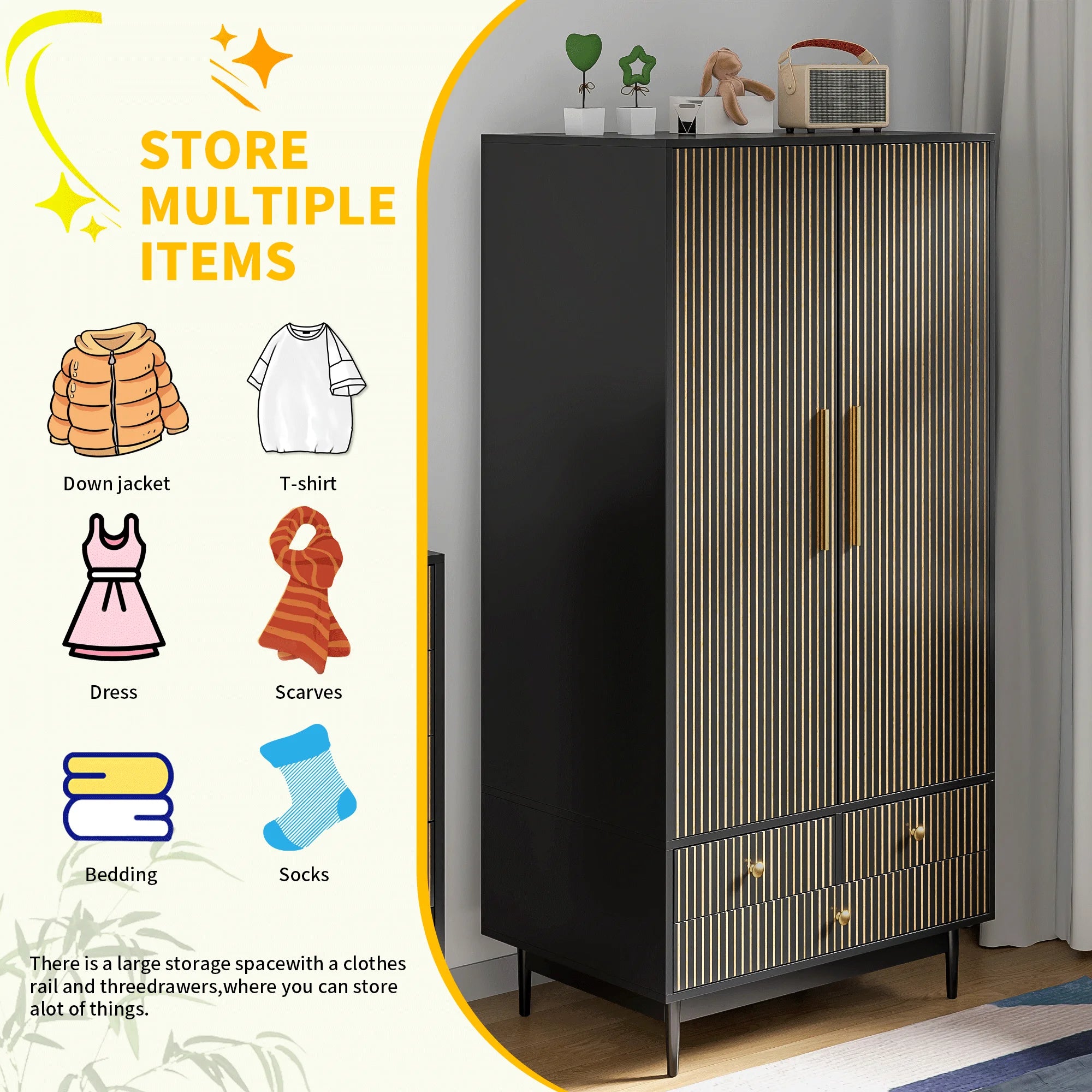 Armoire Wardrobe Closet with 2 Doors, Wardrobe Cabinet with Hanging Rod and Drawers, Wooden Closet for Bedroom, White