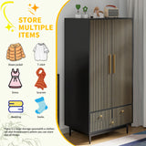 Armoire Wardrobe Closet with 2 Doors, Wardrobe Cabinet with Hanging Rod and Drawers, Wooden Closet for Bedroom, White
