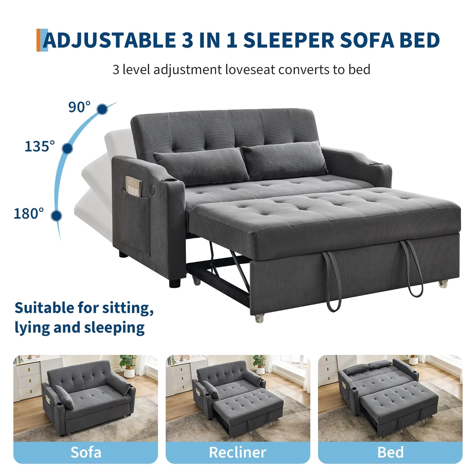 3 in 1 Convertible Sleeper Sofa Bed, Corduroy Futon Couches with Pull-Out Bed, Adjustable Backrest, Charging Port & Side Pockets, Modern Upholstered Sofa for Living Room, Guest Room