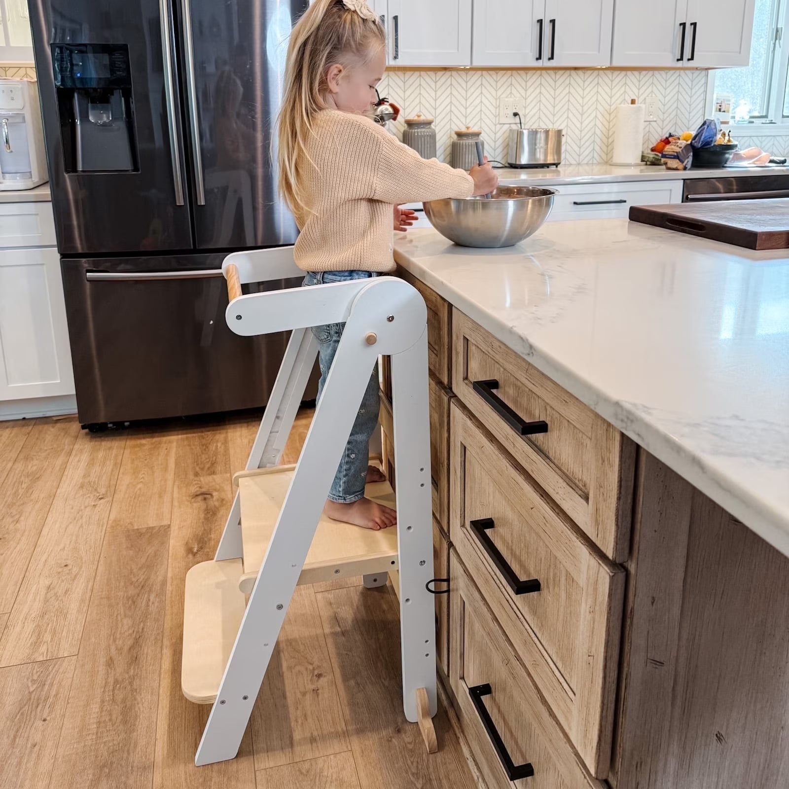 Foldable Toddler Kitchen Tower, Standing Tower for Kids Age 1.5-6 Years, White