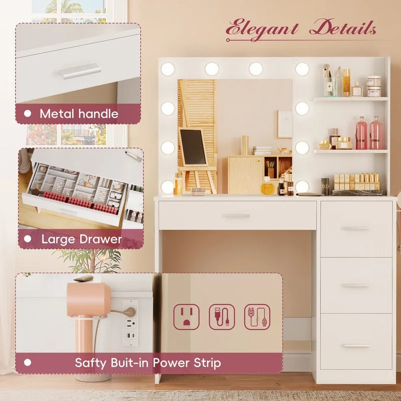 Lacoo Vanity Desk with Mirror and LED Lights, Makeup Vanity with 7 Drawers & 4 Shelves, Vanity Table with Power Outlet for Bedroom Dressing Room, White