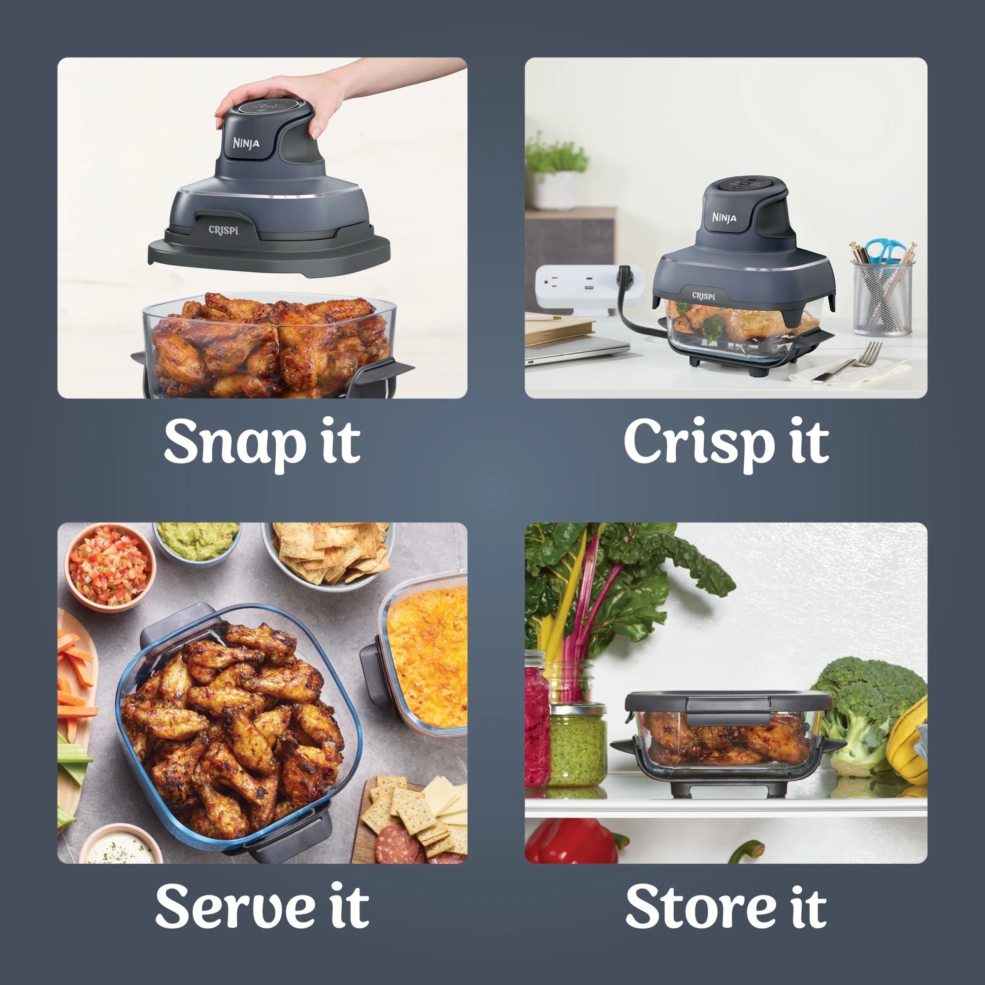 Ninja Crispi 4-in-1 Portable Glass Air Fryer Cooking System, 4-Qt & 6-Cup Containers, Cyberspace