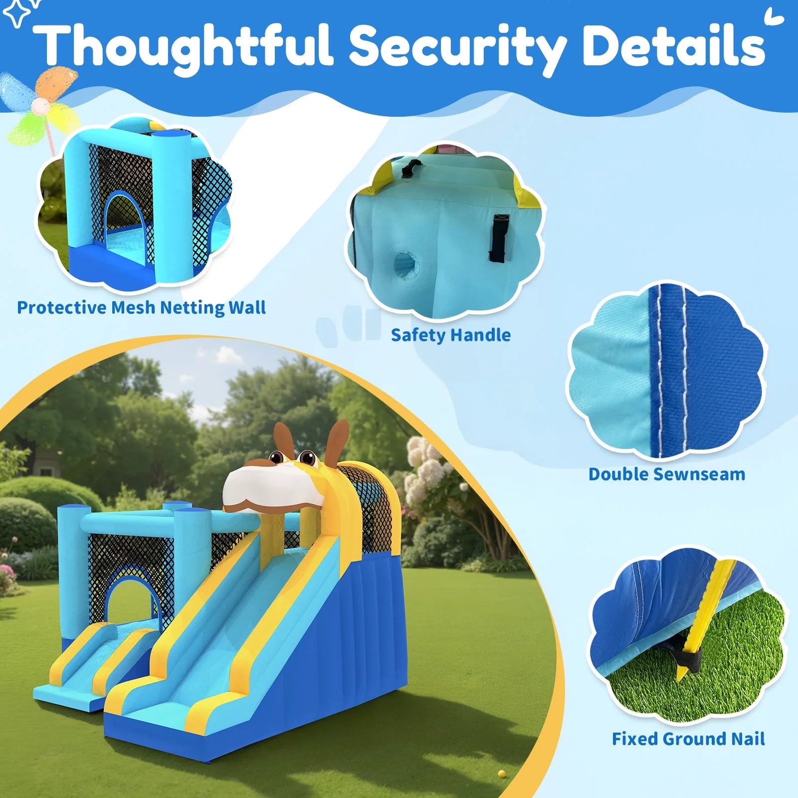 Mukidy 114''x 114'' x 92.5'' Inflatable Bounce Houses for Kids 3-10 with Blower Double Slide and Ball Pit/Indoor Bouncy House, PVC, Child, Teen, Toddler��Blue