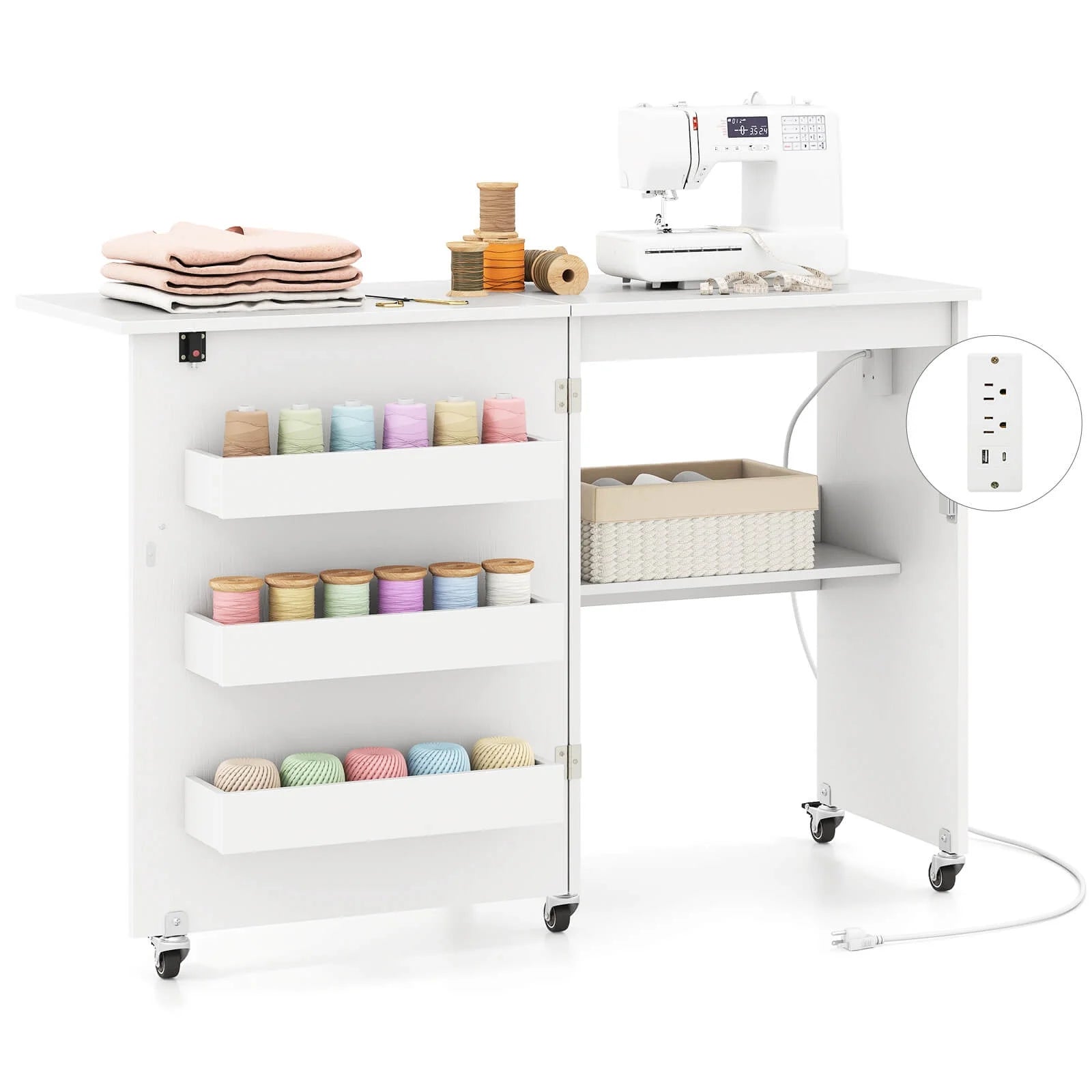 Costway Folding Sewing Table Rolling Craft Station with 3 Storage Bins & Charging Station White+natural