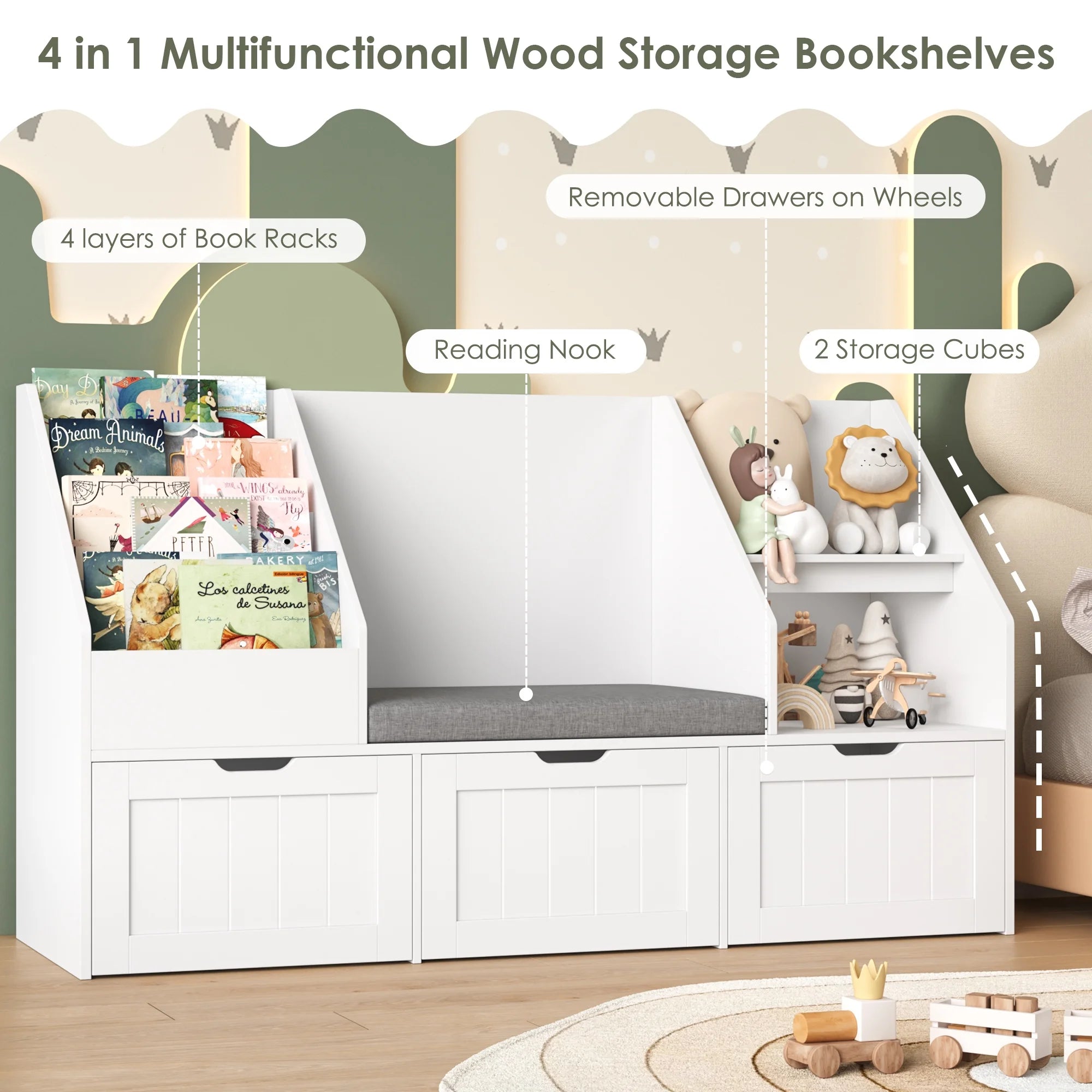 Homfa Kids Bookshelf with Reading Nook & 3 Movable Drawers, 2 Cube Bookcase with 4-Tier Book Racks, Toy Storage Organizer for Playroom Bedroom, White