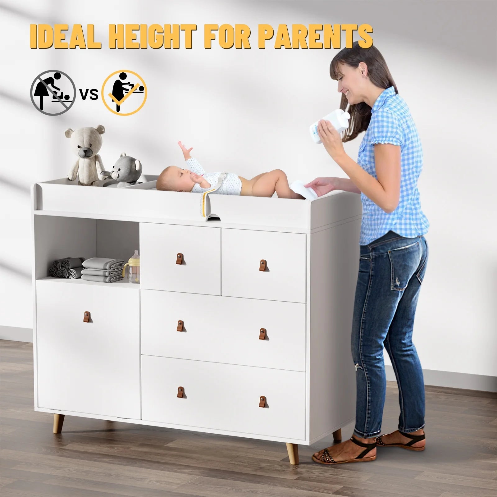 OXYLIFE 45" Baby Nursery Changing Table Dresser with 4 Drawers and Shelf for Nursery Room, White
