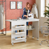 Costway Folding Sewing Table Rolling Craft Station with 3 Storage Bins & Charging Station White+natural