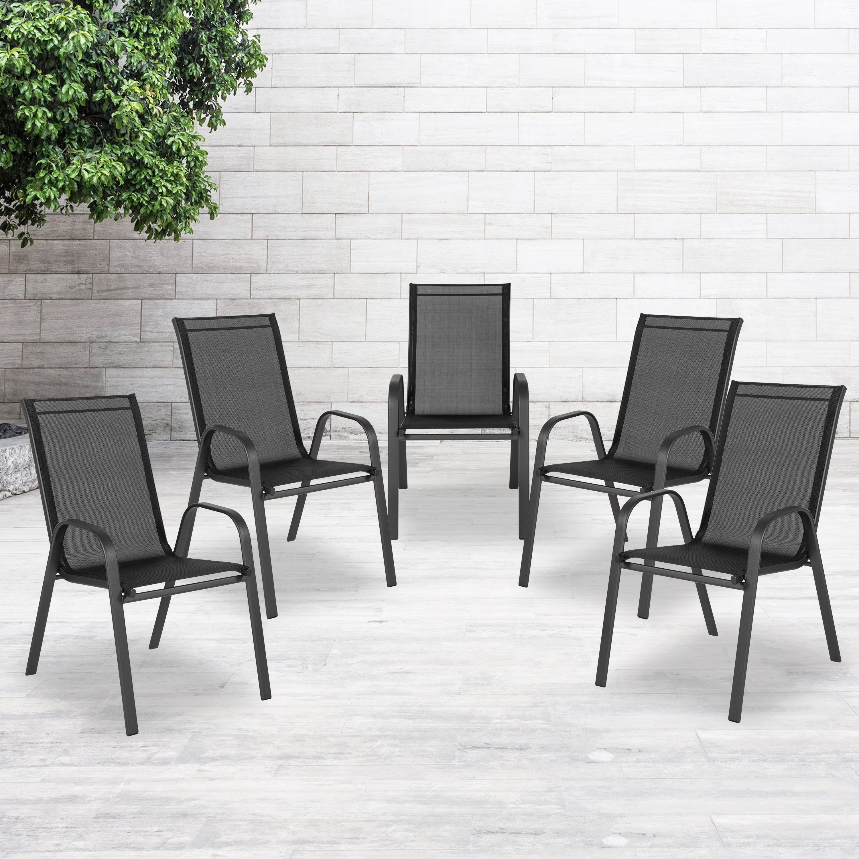 5 Pack Black Outdoor Stack Chair with Flex Comfort Material and Metal Frame
